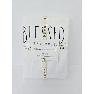 New Rae Dunn BLESSED White Cotton Percale Standard Pillowcases set of 2